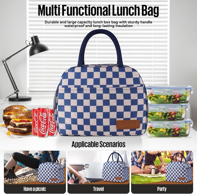 douyadady Lunch Bag Women/Men Lunch Box Women/Men (Blue+Beige Checkerboard) - Image 3